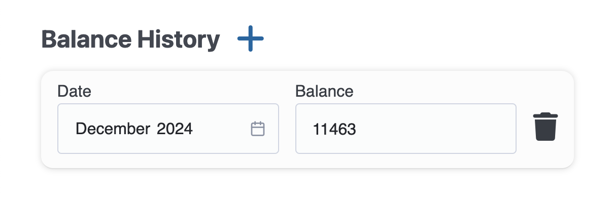 Balance history form with a date and a recorded balance