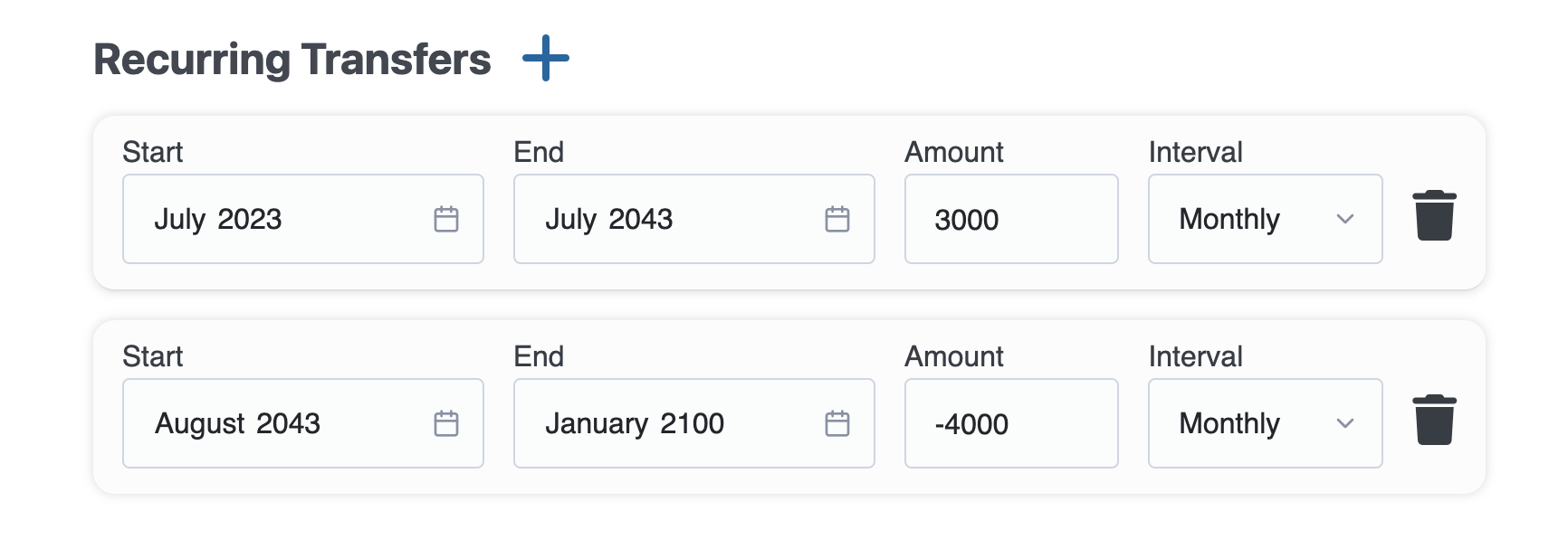 Recurring transfers form with a monthly deposit until 2043 and a monthly withdrawal after